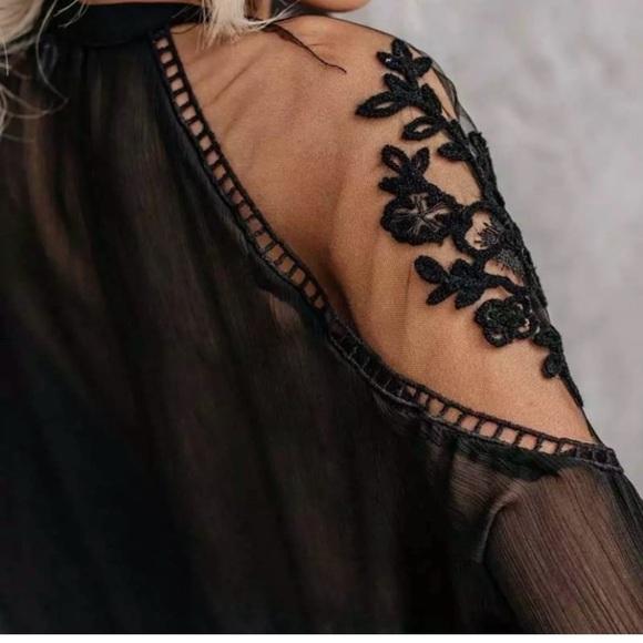 NWOT BLACK LACE SHEER TOP BOHO PHEASANT TOP - Picture 3 of 7